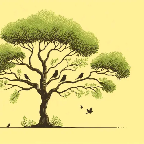 light yellow scene with a tree and birds sitting and flying around