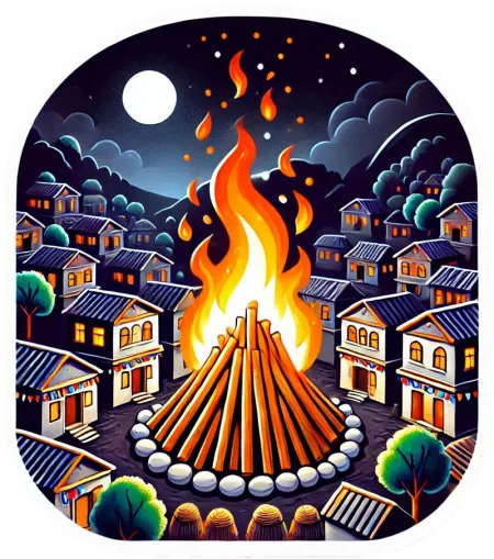 lohri bonfire png with village scenery background