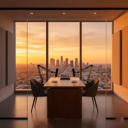 Luxury Corporate Podcast Studio Background With City Skyline View - Free Podcast Studio Background Download