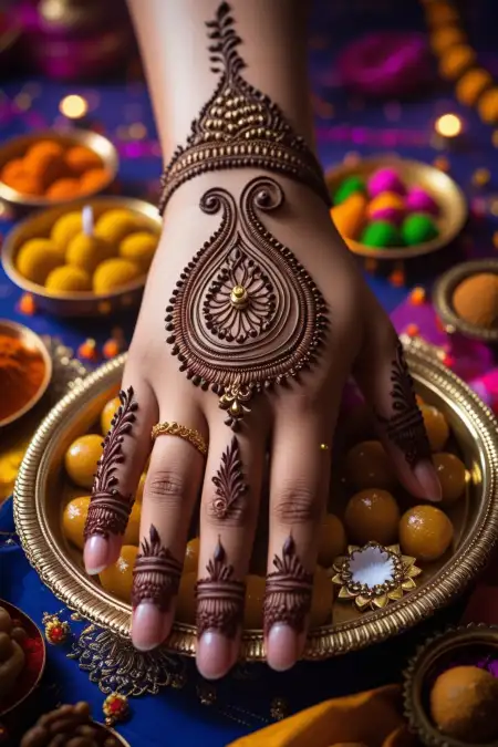 Mehndi Art With Kalash And Dhol For Teej - Free Hariyali Teej Mehndi Design Download