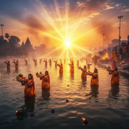 Free Peaceful River Water Chhath Puja Background With Diya Light Background Download