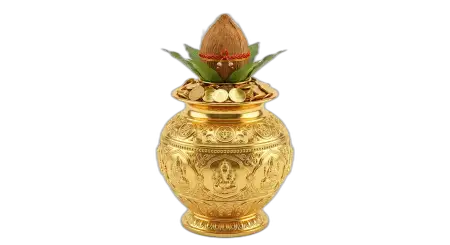 Png Image Of Kalash With Gold Coins And Coconut - Free Golden Puja Kalash With Gold Coins Png Download