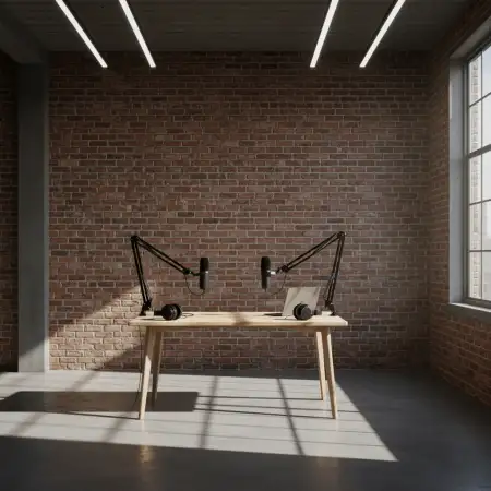 Podcast Studio Background With Wood And Brick Mix - Free Podcast Studio Background Download