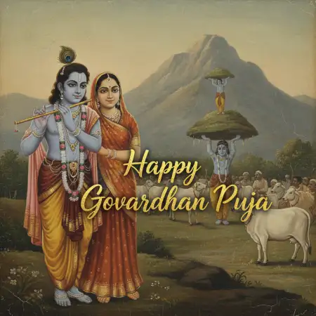 Realistic Govardhan Puja Scene With Diya, Tulsi, And Cows - Free Happy Govardhan Puja Download