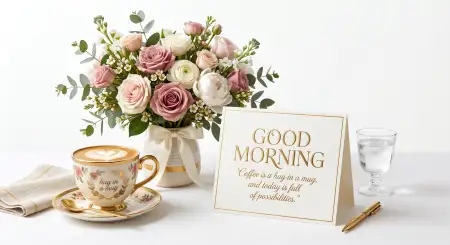 romantic good morning flowers and coffee images