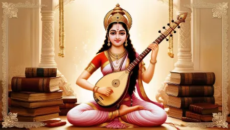 saraswati puja wallpapers with veena and books