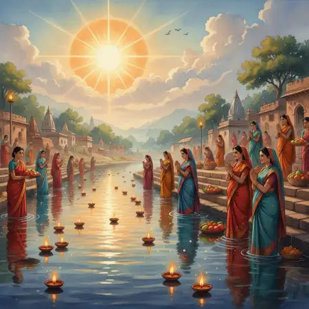 Free Scenic Chhath Puja Background With Ganga River View Background Download