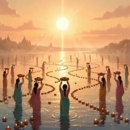 Free Sunrise Chhath Puja Background With Sun Reflection Background Download