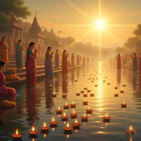 Free Sunset Chhath Puja Background With Colorful Sky And Lamps Background Download