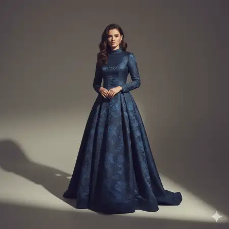 Free USA Beauty Model Photo Session In Dark Blue Dress With Soft Shadows Background Download