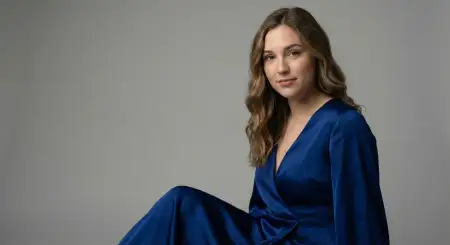 Free USA Magazine Style Fashion Photoshoot Blue Dress Model Soft Lights Background Download