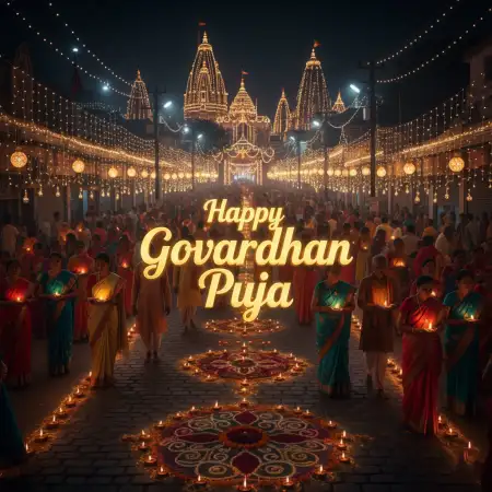 Village Temple With Lights And Decorations At Night - Free Happy Govardhan Puja 2025 Download