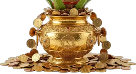 Wedding Kalash With Gold Coins Png Hd - Free Golden Puja Kalash With Gold Coins Png Download