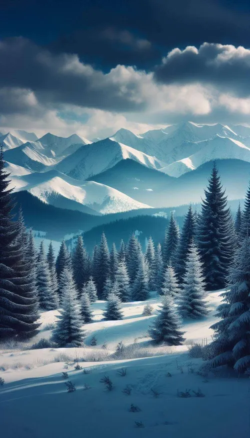 winter hd nature background with snow and pine trees