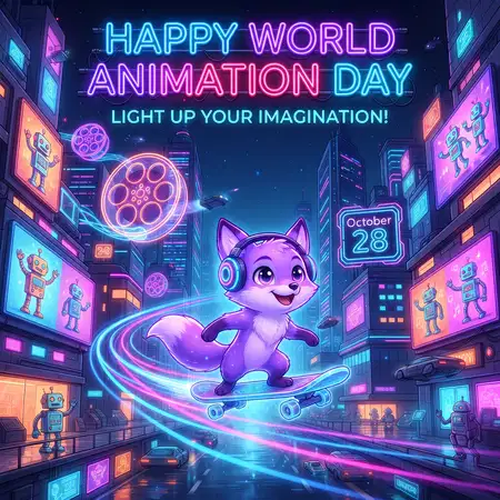 world animation day 2026 neon cartoon art - World Animation Day 2026