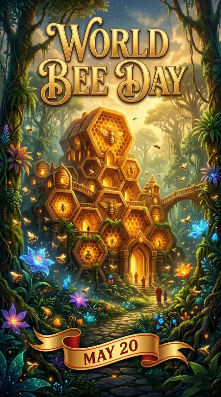 World Bee Day 2026 Glowing Honeycomb Artwork - Free World Bee Day 2026 Download
