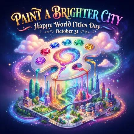world cities day 2026 colorful skyline greeting - Happy World Cities Day 2026