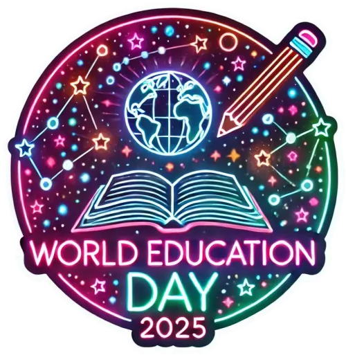 world education day 2025 png featuring globe and books