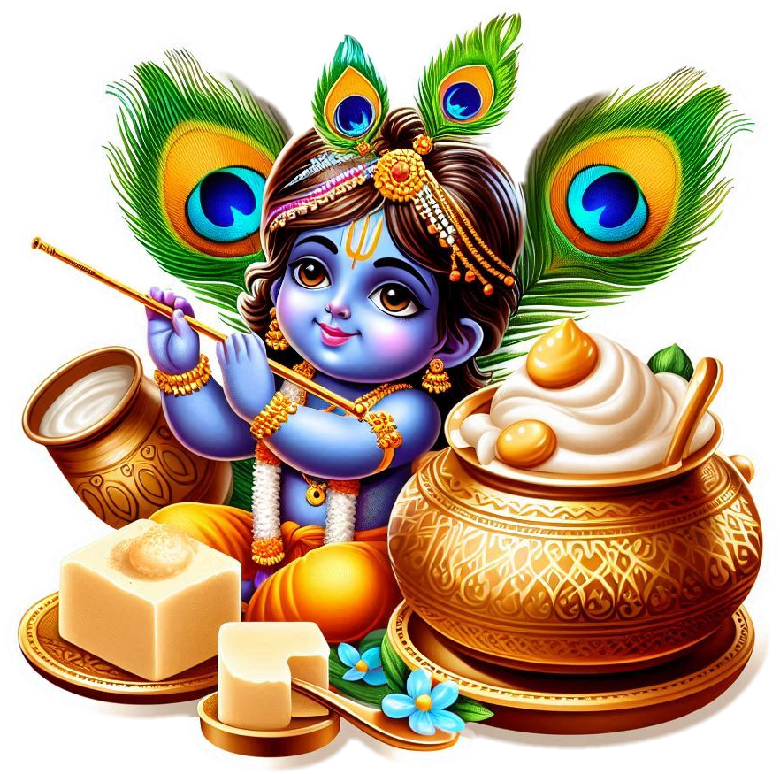  happy krishna janmashtami png vector art featuring flute dahi handi peacock feather and baby krishna eating butter