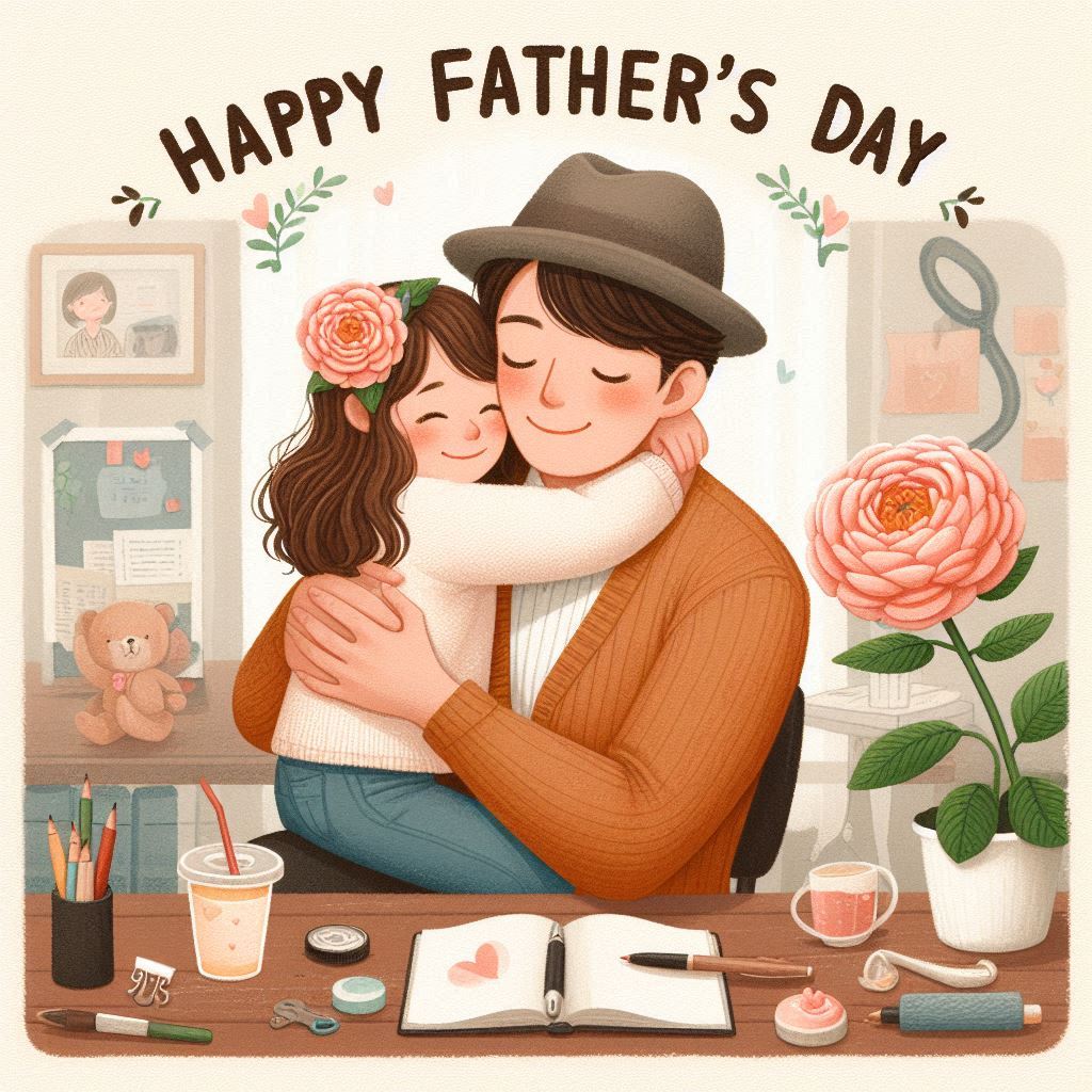 happy fathers day with a flower, a father, and his daughter hugging