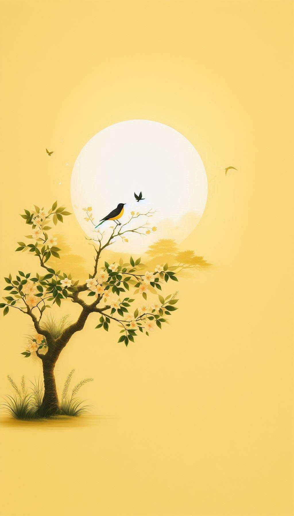 aesthetic light yellow background with tree sun and bird