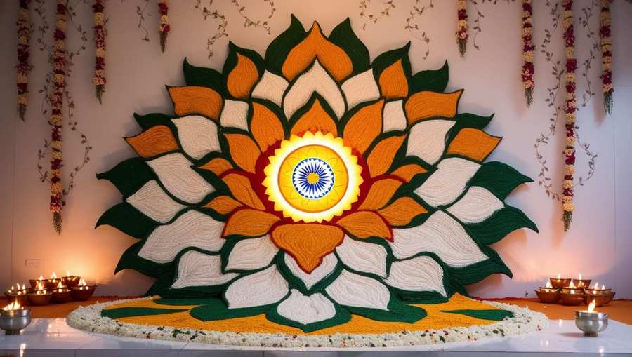 beautiful republic day rangoli with flowers and lamps