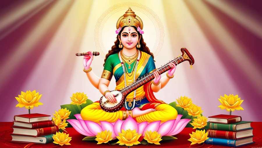 beautiful saraswati puja wallpaper with books and veena