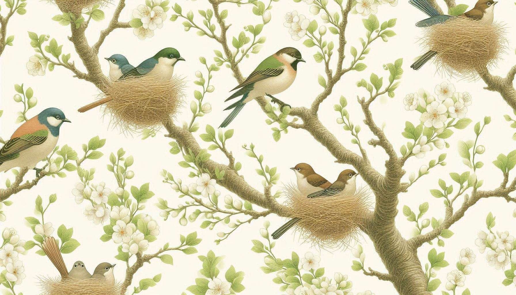 Download Free birds in nests among green leaves and spring blossoms mobile wallpaper design for websites, slideshows, and designs | royalty-free and unlimited use.