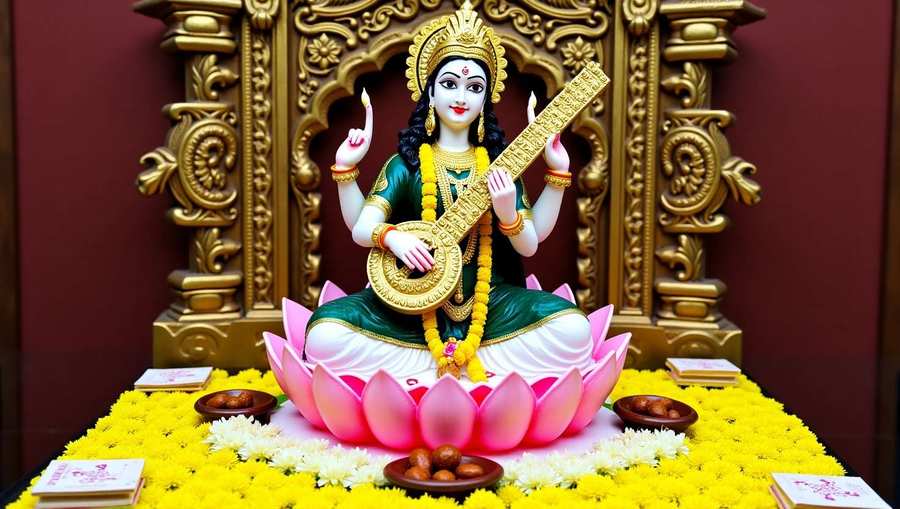 bright and colorful saraswati puja wallpaper for school event