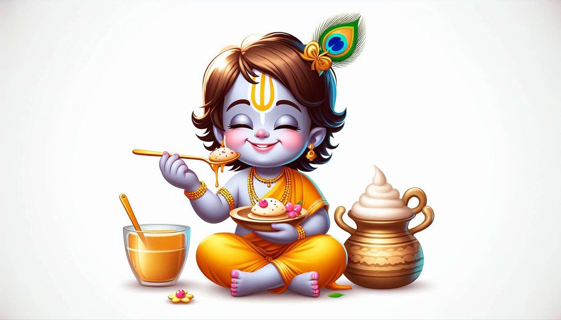 child lord krishna eating butter in a clay pot