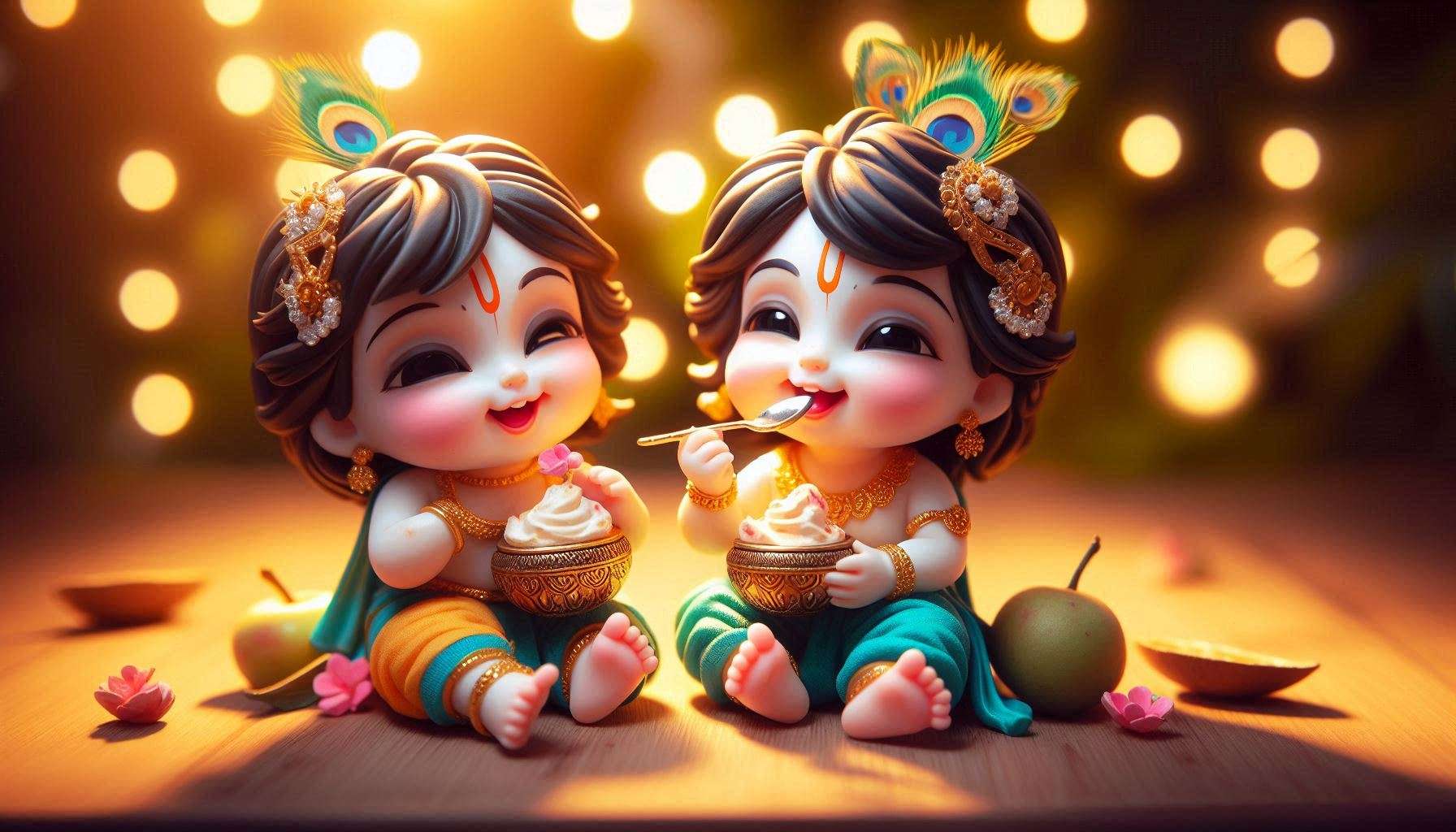 child lord krishna eating makhan in vrindavan setting