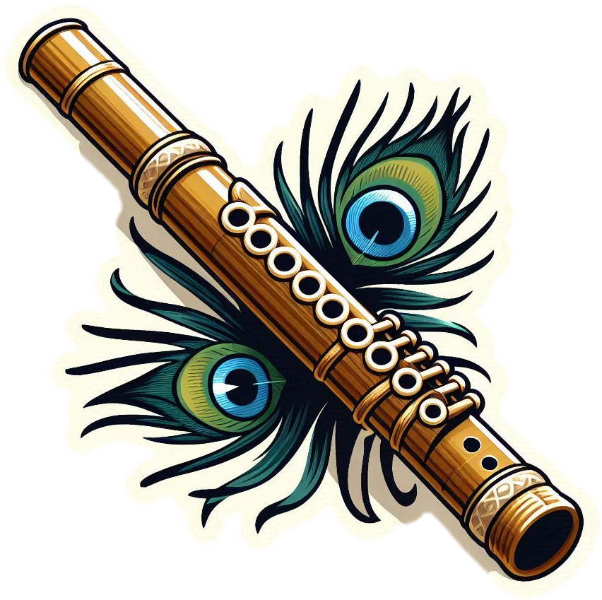 close-up of flute adorned with vibrant peacock feather