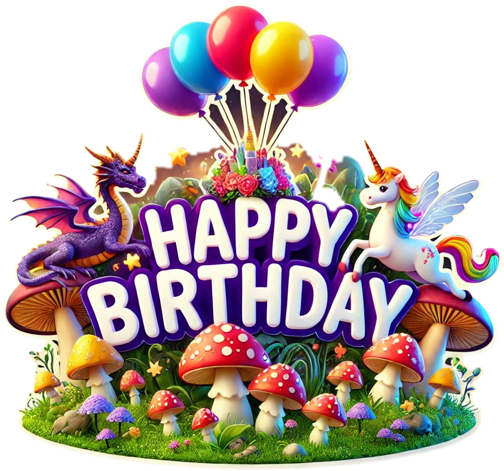 colorful balloon birthday text with party decorations