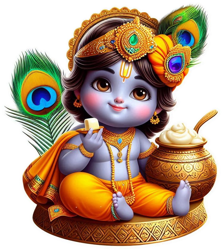 custom happy krishna janmashtami png design with dahi handi flute peacock feather and baby krishna eating butter