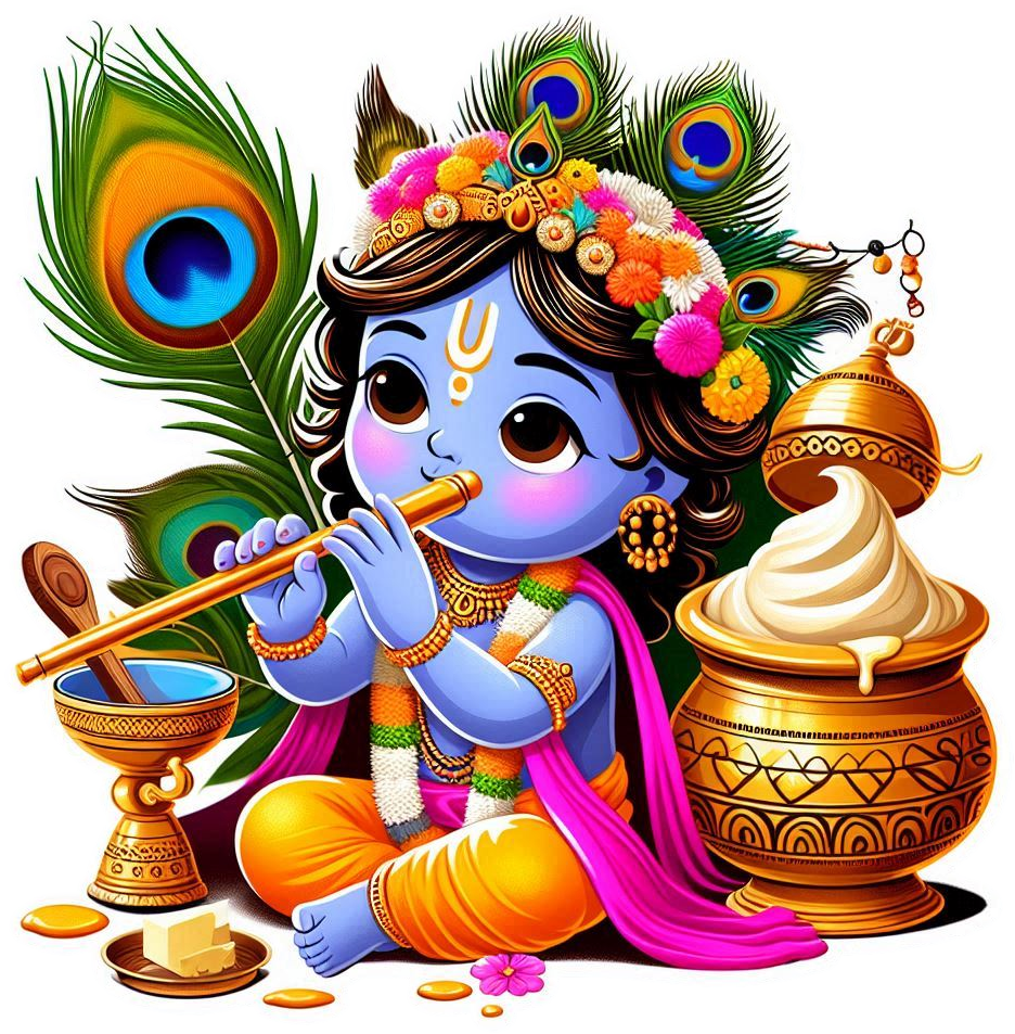 customizable happy krishna janmashtami png file with flute dahi handi peacock feather and baby krishna eating butter