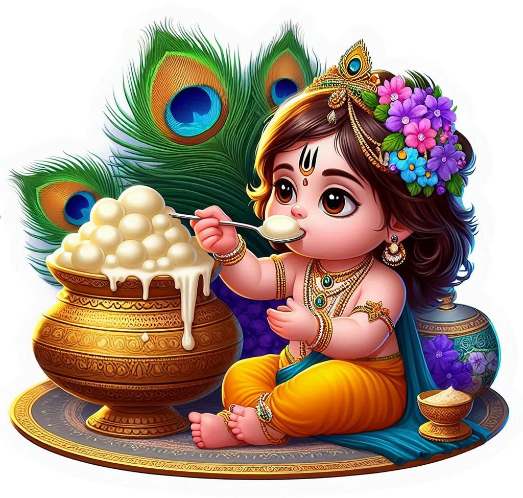 download happy krishna janmashtami png with flute peacock feather and baby krishna eating butter designs