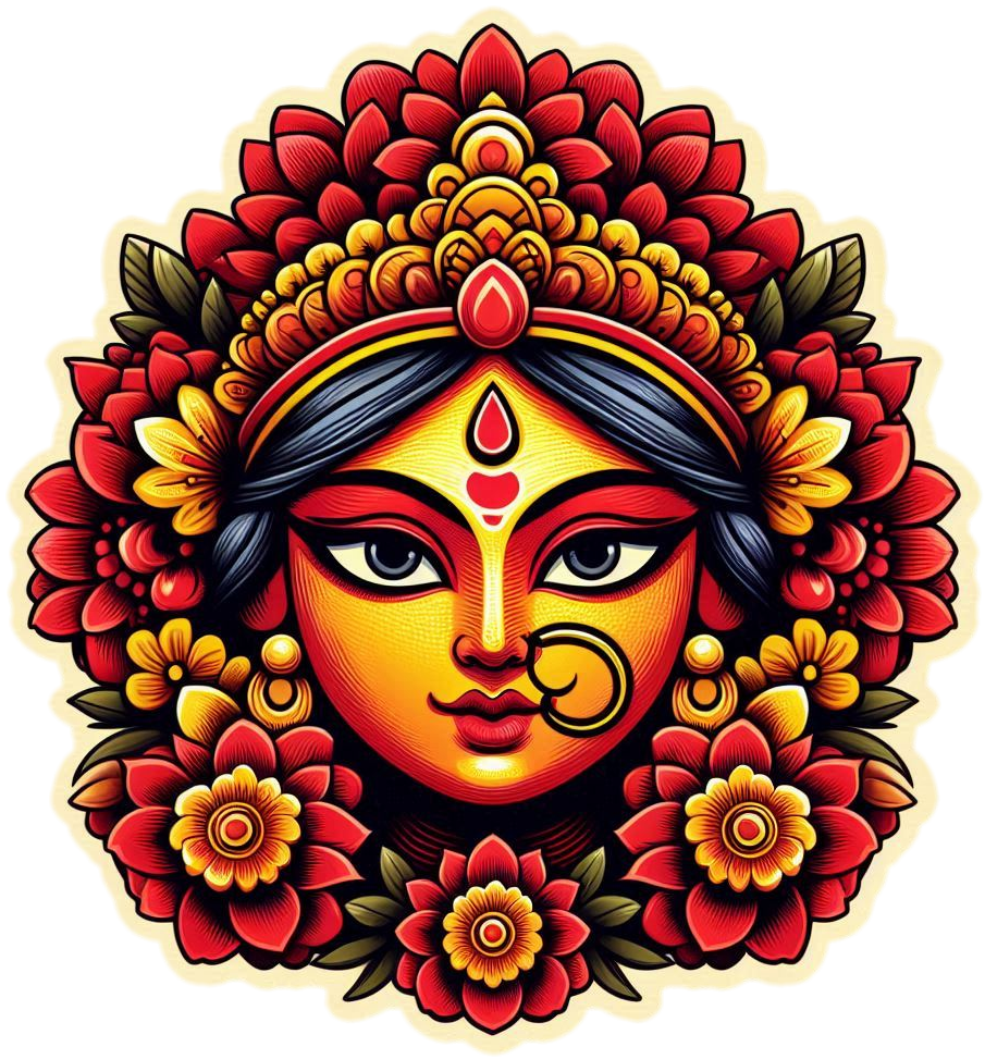 durga maa face png with red and yellow flowers for navratri