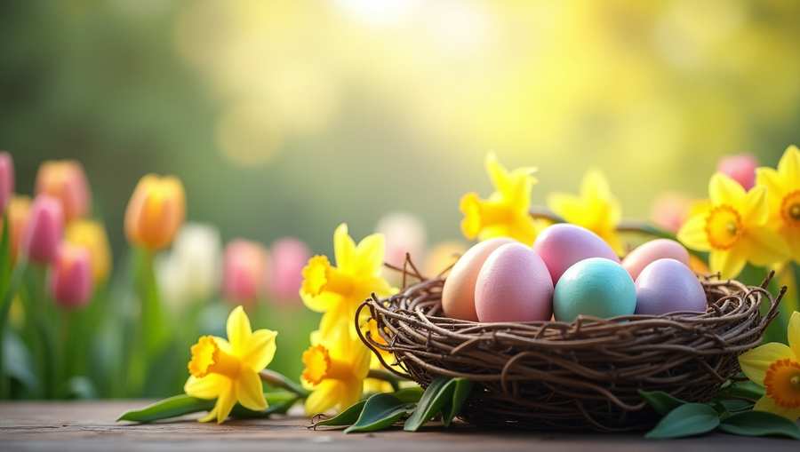 Easter background with pastel colors and flowers