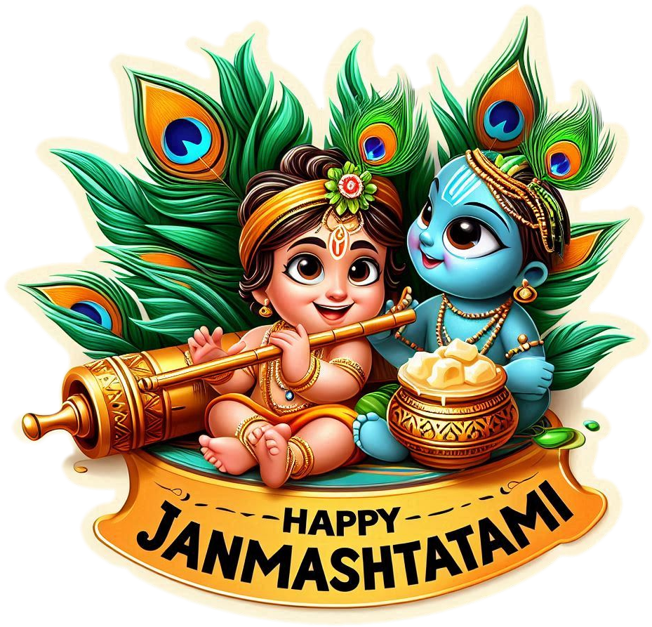 elegant happy krishna janmashtami png background with flute dahi handi peacock feather and baby krishna eating butter