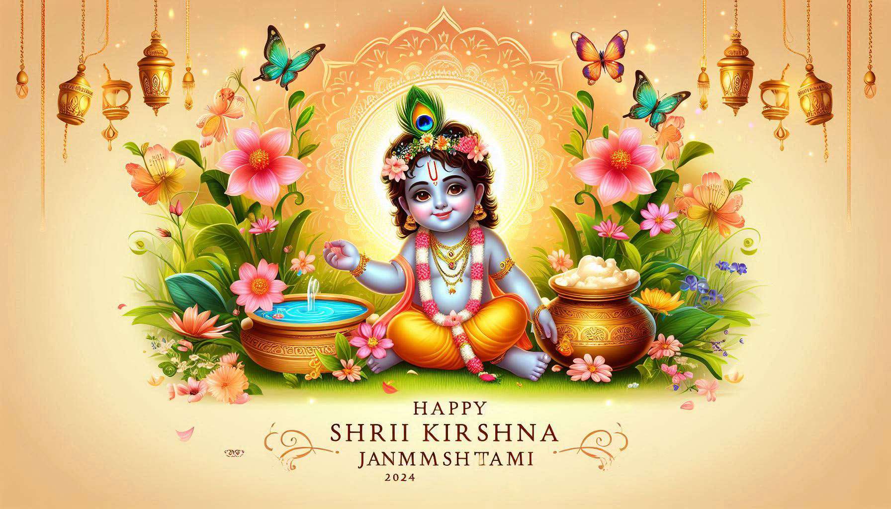 festive krishna janmashtami wishes with flute and butter pot images