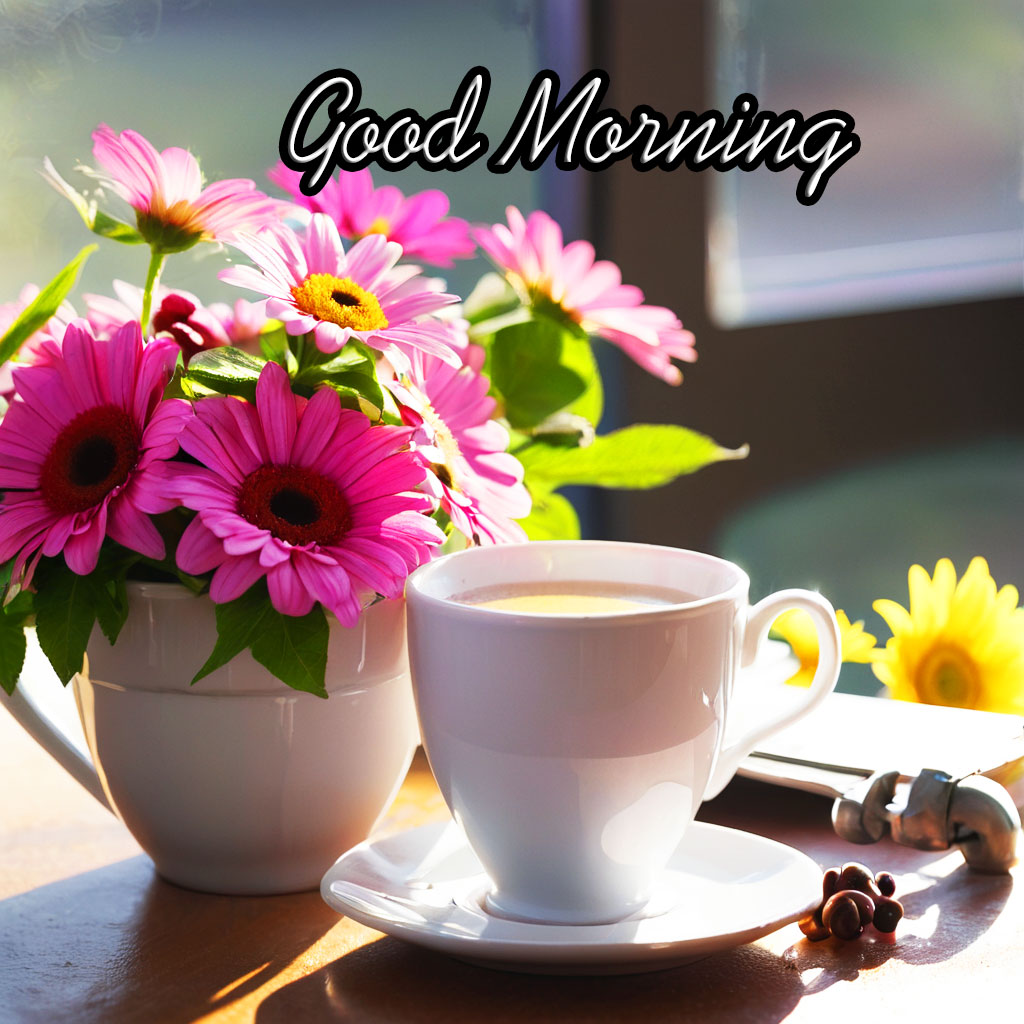 free good morning images with flowers and tea cups