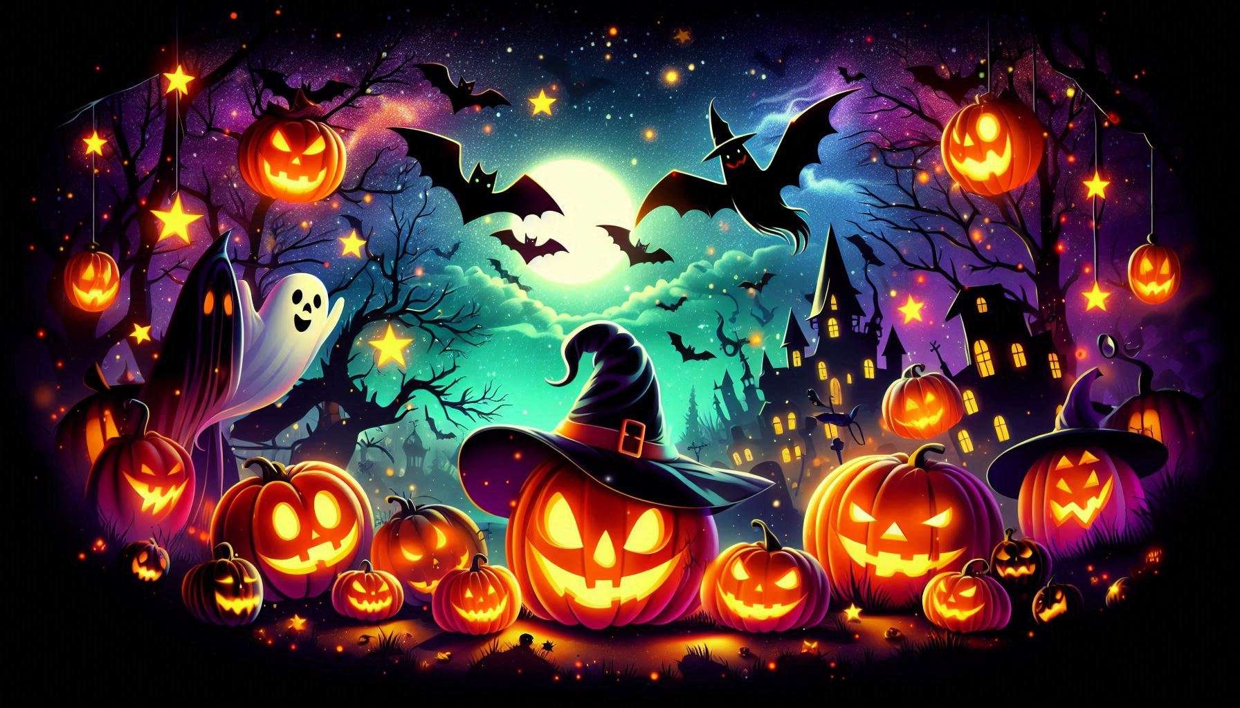 glittery halloween background with jack-o-lanterns