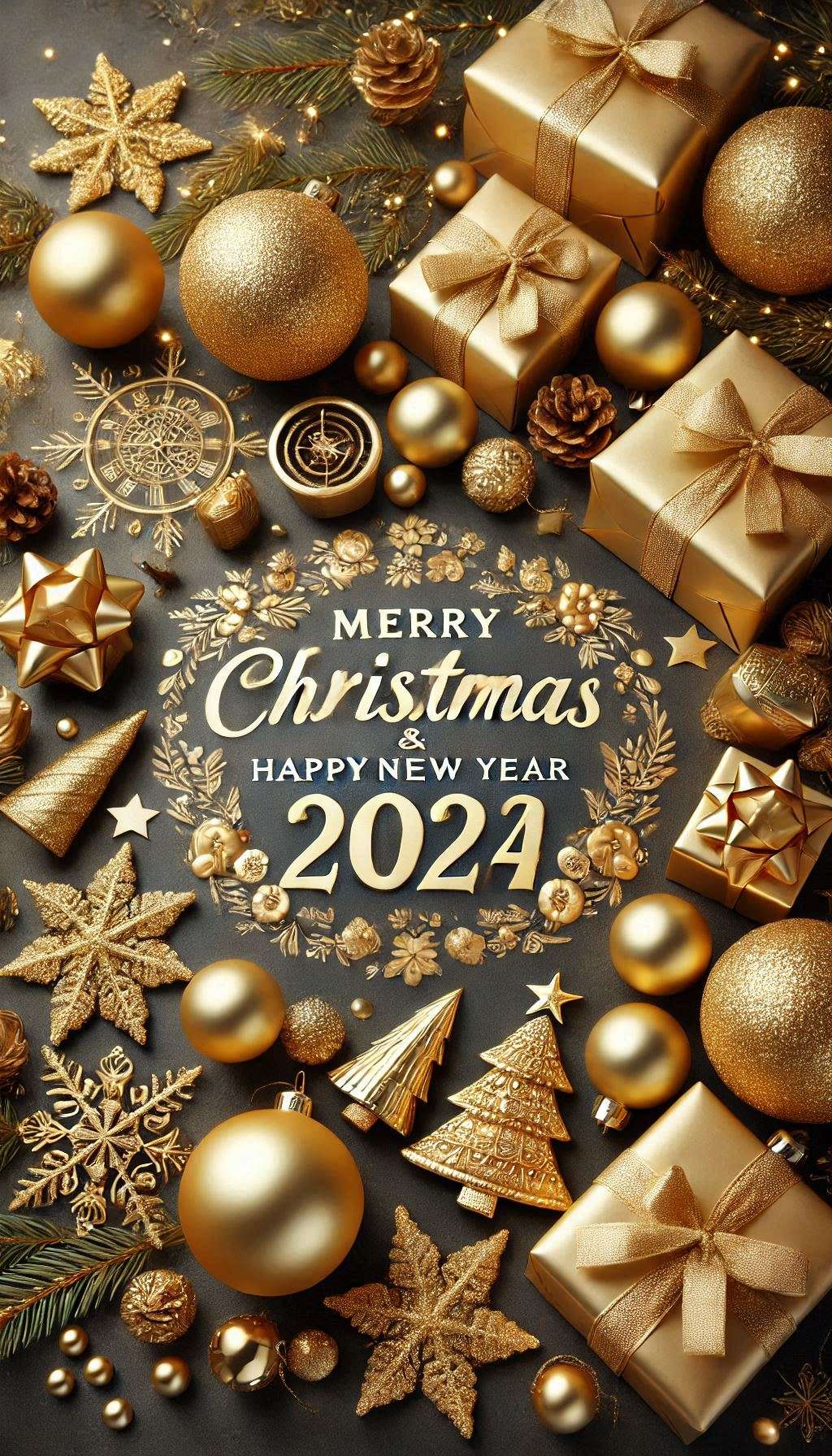 golden merry christmas and happy new year 2024 decorations