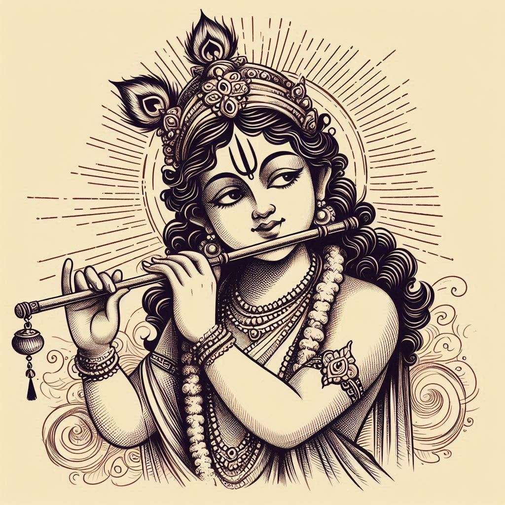 hand-drawn illustration of lord krishna playing flute