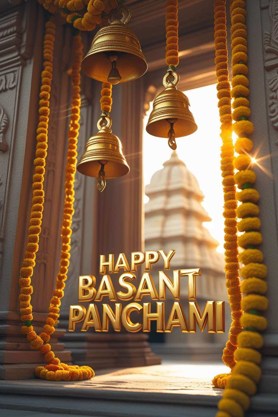 happy basant panchami text in 3d yellow background