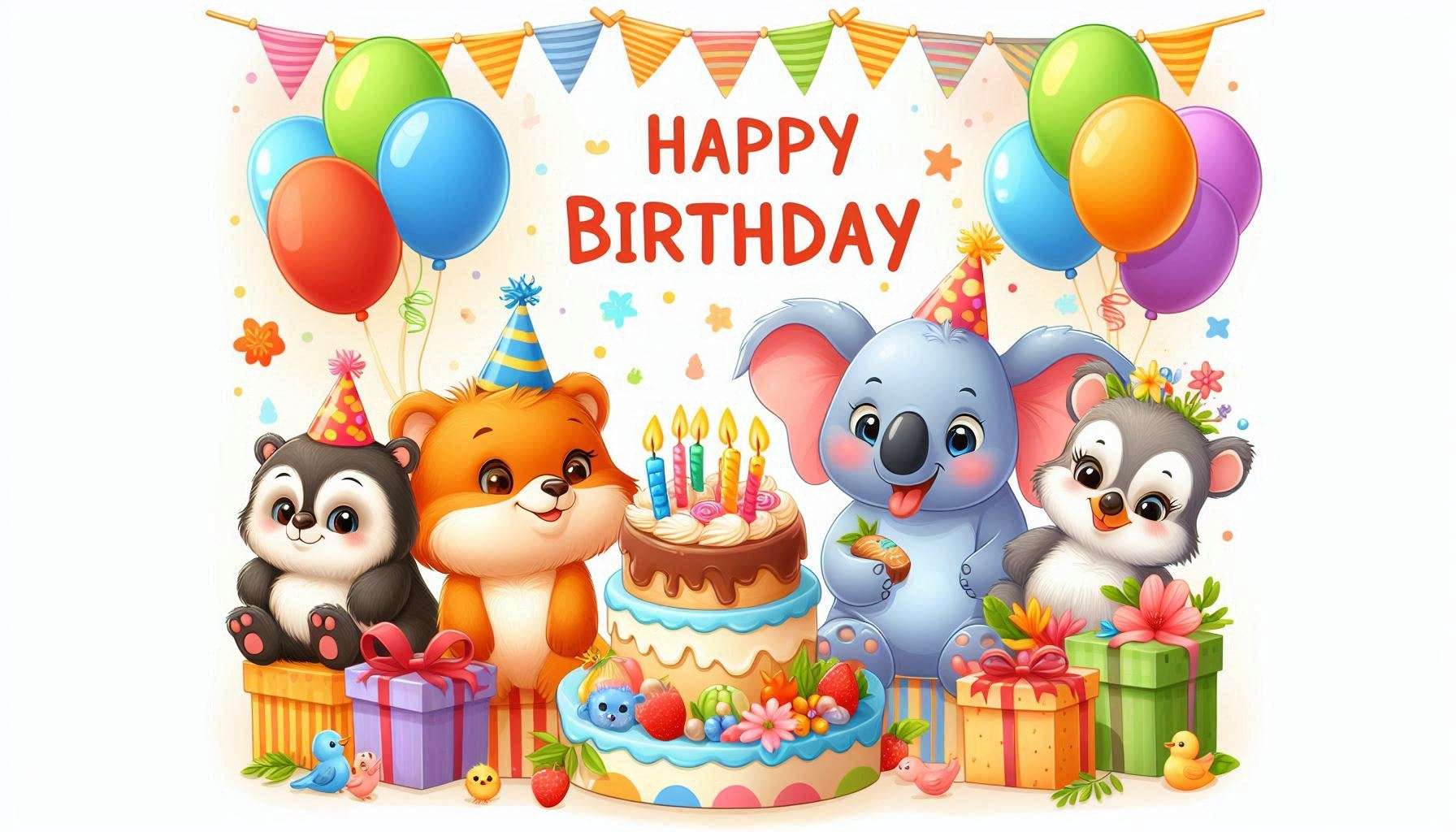 happy birthday image download featuring cute animals and pets