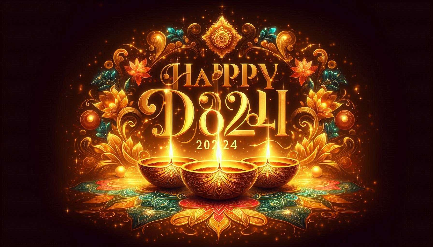 happy diwali 2024 pictures with golden text and lights