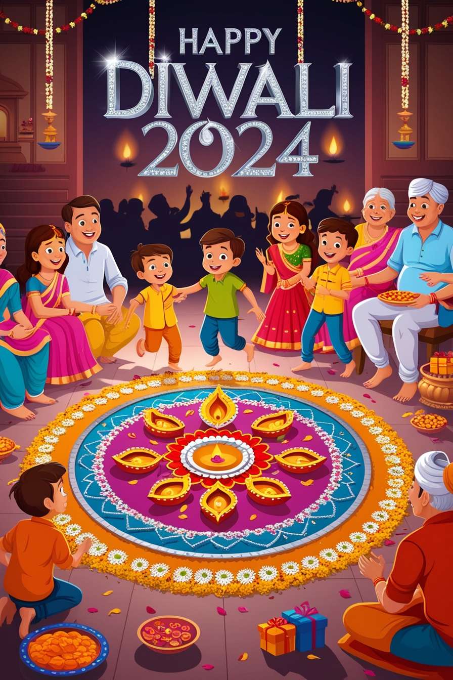 happy diwali greetings for kids with cartoon