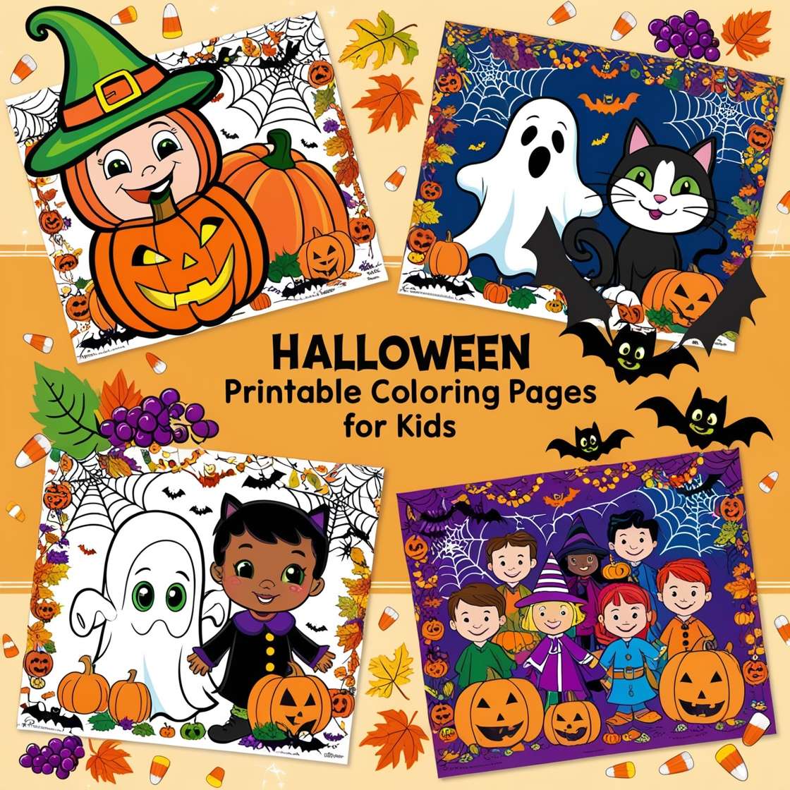 Download Free happy halloween printable coloring pages for kids for websites, slideshows, and designs | royalty-free and unlimited use.