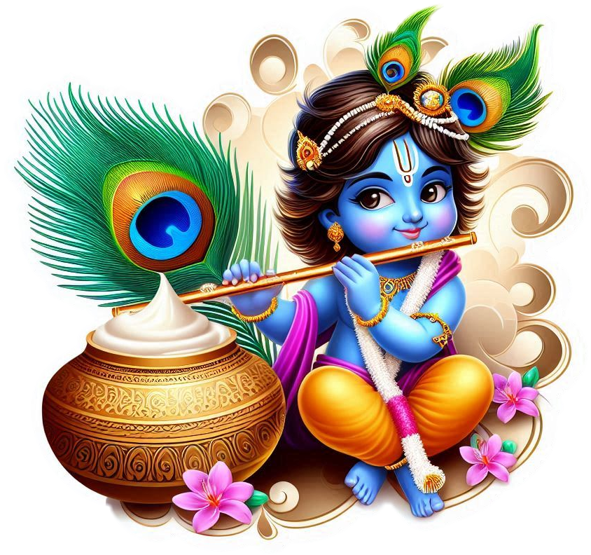 happy krishna janmashtami png for social media posts with dahi handi flute peacock feather and baby krishna eating butter